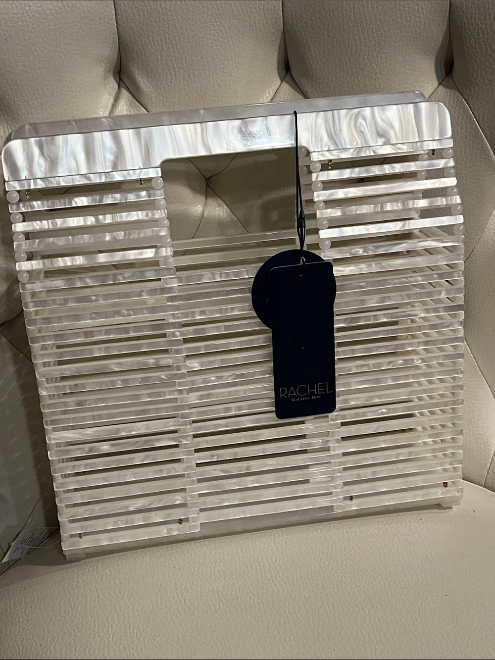 Rachel Roy Pearl White Slatted Acrylic Wall Panel Satchel Vacation Bag